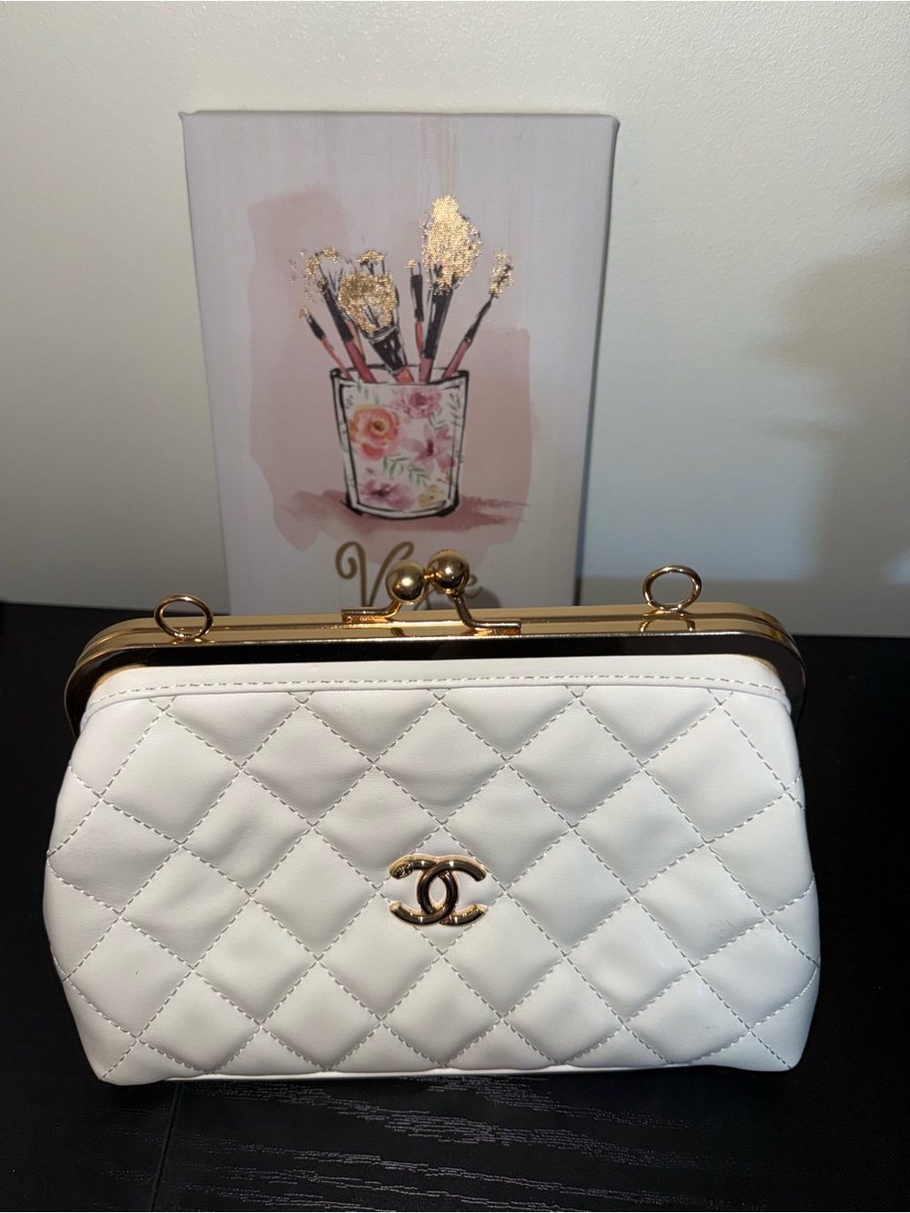White Quilted cc  Clutch with Gold Hardware crossbody strap